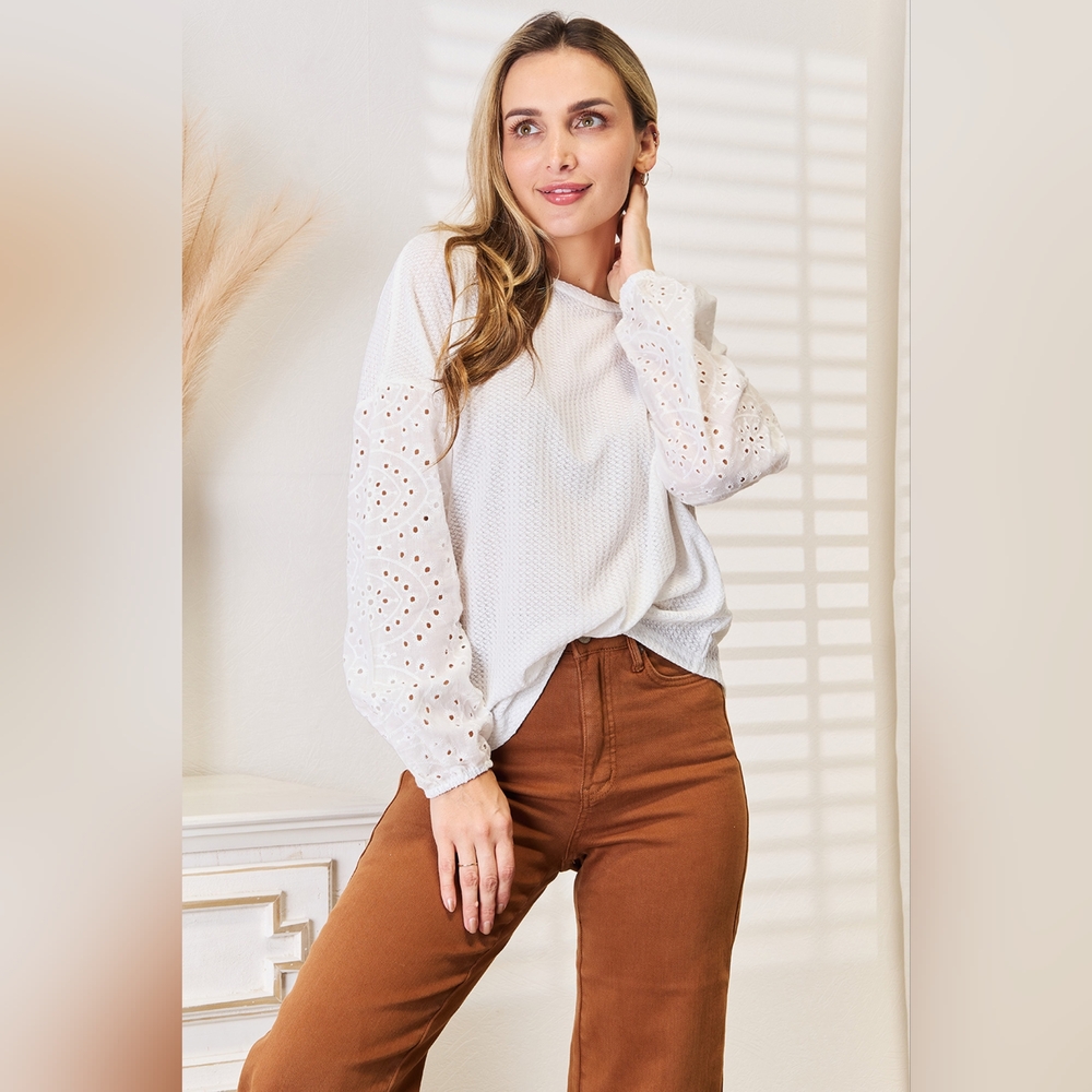 Shiny Eyelet Dropped Shoulder Round Neck Blouse. Hit The Like Button For SALE!!